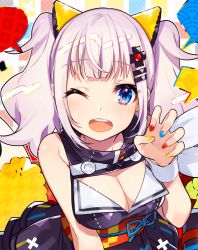 Rule 34 | 1girl, ;d, bare shoulders, black dress, blue eyes, blue nails, blush, breasts, claw pose, cleavage, cleavage cutout, clothing cutout, dress, fingernails, hair ornament, hairclip, hand up, kaguya luna, large breasts, long hair, looking at viewer, mika pikazo, multicolored nails, nail polish, obi, one eye closed, open mouth, red nails, round teeth, sash, sidelocks, silver hair, sleeveless, sleeveless dress, smile, solo, teeth, the moon studio, twintails, upper teeth only, virtual youtuber, yellow nails