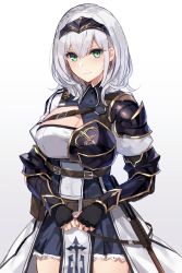Rule 34 | 1girl, aosaki yukina, armor, belt, black gloves, braid, breasts, cleavage, closed mouth, commentary request, cowboy shot, fingerless gloves, french braid, gloves, gold trim, green eyes, hair between eyes, headpiece, highres, hololive, large breasts, looking at viewer, medium hair, shirogane noel, shirogane noel (1st costume), silver hair, simple background, smile, solo, standing, virtual youtuber, white background
