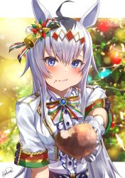 Rule 34 | 1girl, :/, absurdres, ahoge, animal ears, bell, blue eyes, blurry, blurry background, blush, breasts, brooch, buttons, center frills, chakuma (yiyh1468), chicken leg, christmas ornaments, christmas tree, closed mouth, commentary request, dot nose, dress, eating, food, food in mouth, food on face, frills, gem, gloves, gold trim, hair ornament, highres, holding, holding food, horse ears, horse girl, jewelry, jingle bell, leaf, letterboxed, lips, looking at viewer, medium breasts, official alternate costume, oguri cap (miraculous white star) (umamusume), oguri cap (umamusume), pointing, pointing at viewer, short sleeves, signature, silver hair, solo, standing, tree, umamusume, upper body, white dress, white gloves