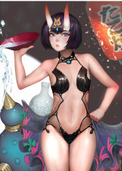 Rule 34 | 1girl, alcohol, bare arms, bare shoulders, blush, center opening, closed mouth, cowboy shot, cup, fate/grand order, fate (series), flat chest, gourd, hand on own hip, headpiece, highres, holding, holding clothes, holding cup, lantern, lips, looking at viewer, navel, oni, purple eyes, purple hair, randy (awesomevillage), revealing clothes, sakazuki, sake, short hair, shuten douji (fate), signature, solo, spill, standing, stomach, thighs, vase