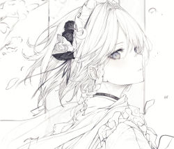Rule 34 | 1girl, absurdres, black flower, black rose, bow, braid, commentary, flower, frills, from side, grey background, greyscale, hair bow, hair flower, hair ornament, highres, hito komoru, izayoi sakuya, looking at viewer, looking to the side, maid headdress, monochrome, parted lips, portrait, rose, scarf, short hair, sketch, solo, touhou, twin braids, white background