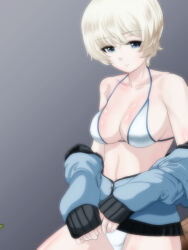 Rule 34 | 1girl, bikini, blue eyes, blue jacket, breasts, closed mouth, clothes pull, commentary, frown, girls und panzer, grey background, halterneck, highres, jacket, jacket pull, long sleeves, looking at viewer, medium breasts, no pants, pale skin, partially unzipped, short hair, sitting, solo, swimsuit, white bikini, white hair, youko (girls und panzer), yoyokkun