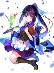 Rule 34 | 1girl, :d, absurdres, apron, black hair, boots, brown footwear, drinking straw, fuzichoco, highres, holding, holding plate, japanese clothes, karasuba (prima doll), kimono, knee boots, long sleeves, menu board, miniskirt, multicolored hair, open mouth, petals, plate, pleated skirt, ponytail, prima doll, purple eyes, purple hair, purple kimono, purple skirt, skirt, smile, solo, spoon, underbust, waist apron, white apron, white background, wide sleeves