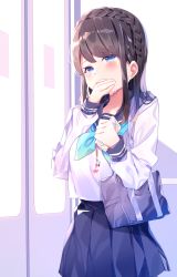 Rule 34 | 1girl, bag, black sailor collar, black skirt, blue eyes, blue neckerchief, blush, braid, breasts, brown hair, cellphone, cellphone charm, charm (object), chikuwa., commentary request, covered mouth, crying, highres, holding, holding phone, long hair, long sleeves, medium breasts, neckerchief, original, phone, pleated skirt, sailor collar, school bag, school uniform, serafuku, shirt, skirt, solo, tears, train interior, white shirt