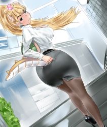 Rule 34 | 1girl, absurdres, ass, blonde hair, bowsette, breasts, high heels, highres, huge ass, large breasts, looking back, mario (series), nintendo, office lady, pantyhose, pencil skirt, pumps, shell, shoes, shoshinsha, skirt, smile, solo, super mario bros. 1, tail