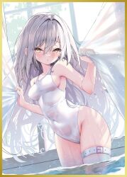 Rule 34 | 1girl, bare shoulders, belt, blush, breasts, covered navel, curtains, grey hair, hair between eyes, indoors, long hair, looking at viewer, medium breasts, melonbooks, navel, nyahu (nyahu 77), one-piece swimsuit, original, parted lips, see-through, skindentation, solo, swimsuit, thigh belt, thigh strap, wading, water, wet, white one-piece swimsuit, window, yellow eyes
