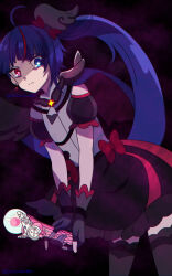 1girl black_dress black_wings blue_cape blue_eyes blue_hair bow bright_pupils brooch cape closed_mouth commentary cowboy_shot cure_sky cure_sky_(dark) cut_bangs dark_persona detached_sleeves dress dress_bow earrings feathered_wings fingerless_gloves frilled_dress frills frown gloves grey_dress grey_gloves grey_thighhighs highres hirogaru_sky!_precure holding jewelry leaning_forward long_hair looking_at_viewer magical_girl multicolored_clothes multicolored_dress multicolored_hair precure puffy_sleeves red_bow red_cape red_dress red_eyes red_hair short_dress single_earring single_wing sky_mirage sleeveless sleeveless_dress solo sora_harewataru standing streaked_hair thighhighs torn_cape torn_clothes twintails two-sided_cape two-sided_fabric white_pupils wing_brooch wing_hair_ornament wings yumeragi66