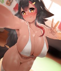 Rule 34 | 1girl, animal ears, bikini, bikini top only, black hair, blush, bottomless, breasts, cleavage, cleft of venus, closed mouth, collarbone, embarrassed, fang, fang out, flipped hair, frikulu, hair between eyes, halterneck, highres, hololive, huge breasts, large breasts, long hair, looking at viewer, multicolored hair, ookami mio, pussy, red hair, selfie, sidelocks, skindentation, solo, streaked hair, string bikini, sweat, sweatdrop, swimsuit, tail, thighhighs, uncensored, v, very long hair, virtual youtuber, white bikini, white thighhighs, wolf ears, wolf girl, wolf tail, yellow eyes