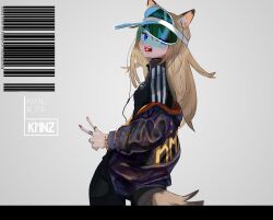 Rule 34 | 1girl, alternate costume, animal ear fluff, animal ears, barcode, black jacket, black pants, blonde hair, blue eyes, bracelet, candy, commentary request, copyright name, cowboy shot, dog ears, dog tail, earphones, food, grey background, hair between eyes, jacket, jewelry, kmnz, lollipop, long hair, long sleeves, looking at viewer, mc lita, mouth hold, nail polish, off shoulder, open clothes, open jacket, open mouth, pants, red nails, ring, seimannu, solo, standing, streetwear, tail, track suit, v, virtual youtuber, visor cap