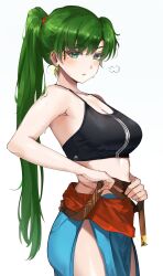 Rule 34 | 1girl, absurdres, adapted costume, black sports bra, breasts, earrings, fire emblem, fire emblem: the blazing blade, green eyes, green hair, highres, jewelry, large breasts, long hair, looking at viewer, lyn (fire emblem), medium breasts, medium support (meme), meme, mole, mole under eye, nintendo, ormille, ponytail, solo, sports bra, triple vertical stripe, undressing