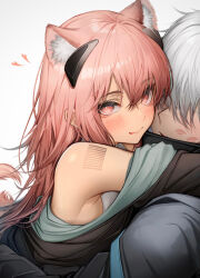 Rule 34 | 1boy, 1girl, absurdres, animal ear fluff, animal ears, arknights, armpit crease, barcode, barcode tattoo, black coat, black jacket, blush, closed mouth, coat, commentary, doctor (arknights), dog ears, dog girl, dog tail, gravel (arknights), grey hair, hair between eyes, hair over eyes, heart, highres, hug, jacket, leaning forward, lipstick mark, long hair, long sleeves, looking at viewer, male doctor (arknights), open clothes, open jacket, open mouth, pink eyes, pink hair, revision, shirt, short hair, shoulder tattoo, simple background, sleeveless, sleeveless shirt, smile, solo, tab head, tail, tattoo, tongue, tongue out, white background, white shirt