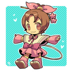 Rule 34 | 1girl, blush stickers, bow, brown eyes, brown hair, chibi, chibi only, detached sleeves, full body, kotorai, looking at viewer, no nose, oichi (sengoku musou), outstretched arms, pink bow, pink ribbon, pink skirt, ribbon, sandals, sengoku musou, short hair, skirt, solo, spread arms, wavy mouth, zouri