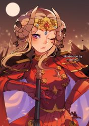 Rule 34 | 1girl, armor, axe, blonde hair, blood, blue eyes, cape, crown, edelgard von hresvelg, fire emblem, fire emblem: three houses, gloves, hair ornament, hair ribbon, highres, himechui, horns, jewelry, long hair, looking at viewer, nintendo, aged up, red cape, ribbon, solo, weapon