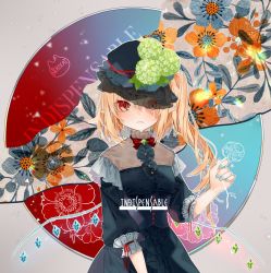 Rule 34 | 1girl, alternate costume, asymmetrical wings, bad id, bad twitter id, black dress, black hat, blonde hair, blue flower, breasts, brooch, cd, commentary, cowboy shot, crystal, dress, eyes visible through hair, flandre scarlet, flower, gotou (nekocat), green flower, grey background, hair over one eye, hat, hat flower, highres, hydrangea, jewelry, long hair, long sleeves, looking at viewer, medium breasts, mismatched wings, mob cap, neck ribbon, one side up, orange flower, outline, pointy ears, puffy sleeves, red eyes, red ribbon, ribbon, see-through, sidelocks, solo, standing, touhou, veil, white flower, white outline, wings