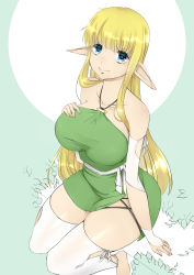 Rule 34 | 1girl, a-s, absurdres, bare shoulders, blonde hair, blue eyes, breasts, bridal gauntlets, collarbone, detached sleeves, dress, fingerless gloves, gloves, green dress, hand on own breast, highres, large breasts, long hair, long sleeves, looking at viewer, o-ring, pointy ears, sash, sleeveless, sleeveless dress, smile, tiffania westwood, zero no tsukaima