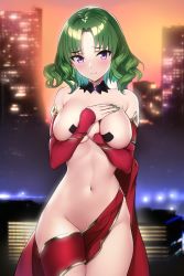 Rule 34 | 1girl, absurdres, ai-assisted, breasts, cityscape, curly hair, fate/grand order, fate (series), green hair, highres, large breasts, looking at viewer, nail polish, navel, non-web source, phaethonvt, purple eyes, red robe, red sleeves, robe, salome (fate), short hair, stomach
