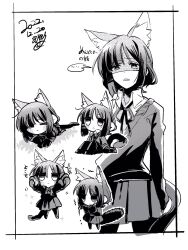 Rule 34 | ..., 1girl, animal ears, bocchi the rock!, cat ears, cat girl, cat tail, chibi, collared shirt, dated, hair ornament, hairclip, highres, kemonomimi mode, looking at viewer, medium hair, mirumiru, monochrome, multiple views, partially translated, pleated skirt, shaded face, shirt, sitting, skirt, speech bubble, spoken ellipsis, sweater, tail, translation request, trembling, yamada ryo
