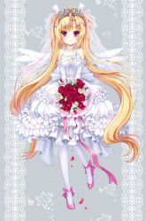 Rule 34 | 1girl, angel wings, blonde hair, blush, bouquet, breasts, choker, cleavage, cleavage cutout, clothing cutout, detached sleeves, dress, female focus, flower, frilled dress, frills, grey background, hair ornament, high heels, holding, jewelry, lace, lace background, layered dress, leg ribbon, long hair, looking at viewer, neck ribbon, original, pantyhose, parted bangs, petals, pumps, ratise, red eyes, red flower, red rose, ribbon, ribbon choker, ring, rose, rose petals, solo, tiara, twintails, veil, very long hair, wedding dress, white flower, white pantyhose, white rose, wings