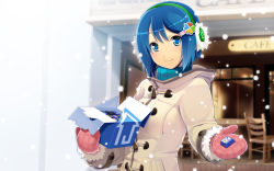 Rule 34 | 1girl, 7-tan, blue eyes, blue hair, blush, chocolate, coat, earmuffs, headband, madobe nanami, matching hair/eyes, mittens, multicolored eyes, official art, official wallpaper, os-tan, red mittens, short hair, smile, snow, solo, sweater, turtleneck, wakaba sprout, wallpaper, windows 7, winter, winter clothes
