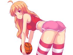 Rule 34 | 1girl, ass, bad id, bad pixiv id, ball, basketball, basketball (object), blonde hair, breasts, highres, holding, holding ball, long hair, looking at viewer, medium breasts, nottytiffy, original, red eyes, self-portrait, short shorts, shorts, slit pupils, solo, striped clothes, striped thighhighs, tank top, thighhighs, tiffy (nottytiffy)