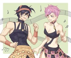 Rule 34 | 1boy, 1girl, bare shoulders, black hair, blue eyes, breasts, choker, cleavage, clenched hands, closed eyes, grin, hairband, happy, jojo no kimyou na bouken, medium breasts, midriff, musical note, narancia ghirga, open mouth, pink hair, pointing, short hair, skirt, smile, staff (music), trish una, vento aureo, wristband, yepnean