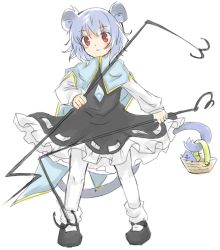 Rule 34 | 1girl, animal ears, bad id, bad pixiv id, basket, blue hair, female focus, full body, mouse (animal), nazrin, pantyhose, simple background, solo, standing, tora (aosima), touhou, white background, white pantyhose