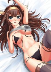 Rule 34 | 10s, 1girl, ahoge, ahsiu, arm up, bad id, bad pixiv id, bikini, black bikini, blue eyes, blush, boots, breasts, brown hair, clothes lift, double bun, female focus, front-tie bikini top, front-tie top, hair bun, hairband, headgear, highres, kantai collection, kongou (kancolle), large breasts, long hair, looking at viewer, lying, navel, open clothes, open mouth, shirt lift, solo, sweat, swimsuit, thigh boots, thighhighs, tongue, untied bikini