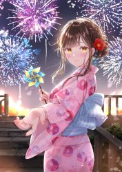 Rule 34 | 1girl, akasaka asa, brown hair, character request, copyright request, fireworks, highres, japanese clothes, looking at viewer, night, night sky, outdoors, outstretched arm, pinwheel, sky, stairs, upper body, yellow eyes