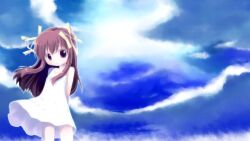 Rule 34 | 1girl, arms behind back, blue sky, brown eyes, brown hair, closed mouth, cloud, commentary request, dress, emurin, feet out of frame, flat chest, hair ribbon, highres, long hair, looking at viewer, one - kagayaku kisetsu e, orihara misao, ribbon, sky, sleeveless, sleeveless dress, smile, solo, sundress, white dress, yellow ribbon