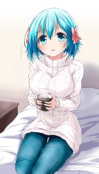 Rule 34 | 10s, 1girl, :d, aqua eyes, aqua hair, bed sheet, bow, coffee, cup, denim, divine gate, hair bow, highres, holding, holding cup, indoors, jeans, long sleeves, looking at viewer, nanaume (shichimi tougarashi), on bed, open mouth, pants, parted lips, pink bow, ribbed sweater, short hair, sitting, smile, solo, steam, sweater, turtleneck, vivian (divine gate)