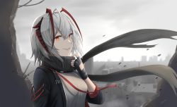 Rule 34 | 1girl, absurdres, ahoge, arknights, battlement, black gloves, black jacket, blurry, blurry background, chiisa970, city, cloud, cloudy sky, colored eyelashes, commentary, english commentary, fingerless gloves, from side, gloves, grenade pin, grey background, grey hair, grey scarf, highres, hole in wall, horns, jacket, looking at viewer, medium hair, open clothes, open jacket, orange eyes, parted lips, petals, rebar, red eyes, red hair, red horns, red ribbon, ribbon, scarf, shirt, sideways glance, signature, sky, sleeves past elbows, slit pupils, smile, solo, strap, upper body, w (arknights), wall, white shirt, zipper