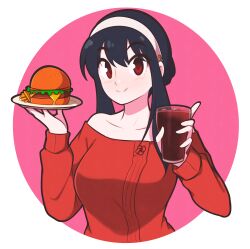 Rule 34 | 1girl, absurdres, bare shoulders, black hair, breasts, burger, cheese, collarbone, commentary, cup, food, glass, hairband, highres, holding, holding cup, holding plate, jeff miga, lettuce, long hair, long sleeves, medium breasts, off-shoulder sweater, off shoulder, plate, red eyes, red sleeves, red sweater, sidelocks, smile, solo, spy x family, sweater, symbol-only commentary, tomato, white hairband, yor briar