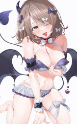 Rule 34 | 1girl, absurdres, barefoot, bow, breasts, brown eyes, brown hair, cleavage, demon tail, hair bow, highres, horns, large breasts, low wings, medium breasts, medium hair, multiple hair bows, original, purple bow, purple horns, single horn, sitting, solo, swept bangs, tail, thigh bow, vampire, virtual youtuber, wariza, white bow, wings, wrist cuffs, yana mori