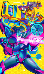 Rule 34 | 1girl, 2boys, autobot, blue eyes, bumblebee, clenched hands, energy sword, fighting stance, grimlock, highres, kicking, mecha, mechanical wings, multiple boys, one eye covered, open mouth, robot, shouting, sword, transformers, transformers cyberverse, v-shaped eyebrows, weapon, windblade, wings, yasukuni kazumasa