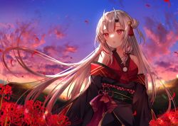 Rule 34 | 1girl, :o, bare shoulders, bell, black kimono, blue sky, breasts, checkered sash, cloud, commentary request, double bun, flower, grey hair, hair bell, hair bun, hair ornament, haruhitooo, highres, hololive, horns, japanese clothes, jingle bell, kimono, long hair, looking away, looking to the side, multicolored hair, nakiri ayame, nakiri ayame (1st costume), obi, off shoulder, oni, outdoors, parted lips, petals, red eyes, red flower, red hair, sash, skin-covered horns, sky, small breasts, solo, spider lily, streaked hair, sunset, very long hair, virtual youtuber