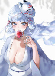 Rule 34 | 1girl, absurdres, ayaka (genshin impact), blue eyes, blue hair, blue kimono, blunt bangs, blush, breasts, candy apple, cleavage, closed mouth, collarbone, commentary, food, fox mask, genshin impact, hair ornament, hand up, highres, holding, holding food, japanese clothes, kimono, large breasts, long hair, long sleeves, looking at viewer, mask, mask on head, mole, mole under eye, obi, sash, sheng zhidou, solo, tassel, tassel hair ornament, upper body, wide sleeves