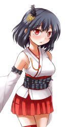 Rule 34 | 10s, 1girl, black hair, breasts, detached sleeves, hair ornament, highres, kantai collection, large breasts, looking at viewer, mono60, mono (mono60), nontraditional miko, parted lips, pleated skirt, red eyes, short hair, simple background, skirt, sleeves past wrists, solo, white background, yamashiro (kancolle)
