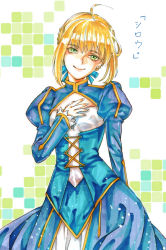 Rule 34 | 1girl, ahoge, artoria pendragon (fate), blonde hair, dress, fate/stay night, fate (series), green eyes, hair ribbon, hand on own chest, haruhikohiko, marker (medium), puffy sleeves, ribbon, saber (fate), smile, solo, traditional media