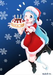 Rule 34 | 10s, 1girl, alternate costume, black footwear, blue eyes, blue hair, blush, boots, cake, candle, carrying, christmas, commentary request, food, hat, kantai collection, knee boots, long hair, looking at viewer, matching hair/eyes, one eye closed, open mouth, outline, plate, samidare (kancolle), santa costume, santa hat, snowflake background, solo, twitter username, very long hair, white outline, yokoshima (euphoria)