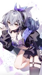 Rule 34 | 1girl, black jacket, black shirt, black thighhighs, braid, closed mouth, commentary request, cropped shirt, drill hair, drill ponytail, foot out of frame, grey eyes, grey hair, hand up, headphones, highres, holding, holding phone, honkai: star rail, honkai (series), jacket, karamaru626, long hair, looking at viewer, open clothes, open jacket, phone, shirt, silver wolf (honkai: star rail), silver wolf (samsung) (honkai: star rail), single braid, single drill, single thighhigh, smile, solo, t-shirt, thighhighs, white shirt