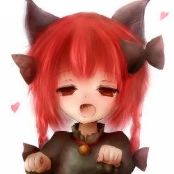 Rule 34 | 1girl, amano jack, animal ears, bad id, bad pixiv id, bell, bow, braid, cat ears, cat girl, collar, female focus, hair bow, heart, highres, kaenbyou rin, long hair, long sleeves, neck bell, open mouth, puffy sleeves, red eyes, red hair, solo, touhou, twin braids, white background