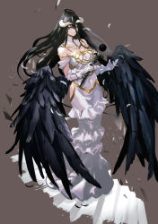 Rule 34 | 1girl, ahoge, albedo (overlord), bare shoulders, black hair, black wings, breasts, brown background, cleavage, dress, falling feathers, feathered wings, feathers, gloves, hair between eyes, highres, hip vent, holding, holding wand, horns, large breasts, long hair, looking at viewer, official art, overlord (maruyama), so-bin, solo, very long hair, wand, white dress, white gloves, wings, yellow eyes
