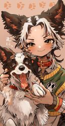 Rule 34 | 1boy, absurdres, animal ears, black hair, closed mouth, collar, collared shirt, dog, dog boy, dog ears, green vest, highres, looking at viewer, multicolored hair, nail polish, original, paw print, paw print background, shima (wansyon144), shirt, smile, v-shaped eyebrows, vest, white hair, yellow eyes