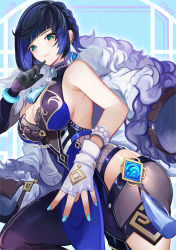 Rule 34 | 1girl, asymmetrical gloves, bare shoulders, black hair, black pants, blue dress, blue hair, blush, bob cut, breasts, cleavage, cleavage cutout, clothing cutout, diagonal bangs, dice, dress, earrings, fur-trimmed jacket, fur trim, genshin impact, gloves, green eyes, grin, highres, jacket, jacket on shoulders, jewelry, large breasts, long sleeves, looking at viewer, mismatched gloves, mole, mole on breast, multicolored hair, neck ring, pants, pelvic curtain, pendant, pupps, short hair, smile, solo, tassel, thighs, tight clothes, tight pants, two-tone hair, vision (genshin impact), white jacket, yelan (genshin impact)