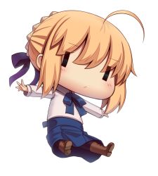 Rule 34 | 1girl, ahoge, artoria pendragon (all), artoria pendragon (fate), black pantyhose, blonde hair, blue ribbon, blue skirt, blush, boa (brianoa), boots, braid, brown footwear, chibi, collared shirt, cross-laced footwear, fate/stay night, fate (series), full body, hair ribbon, highres, huge ahoge, lace-up boots, long sleeves, looking at viewer, neck ribbon, pantyhose, purple ribbon, ribbon, saber (fate), shirt, short hair, skirt, solo, transparent background, white shirt, wide face, wing collar, | |, || ||