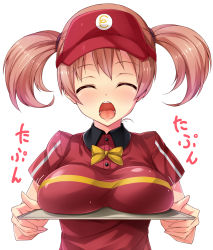 Rule 34 | 1girl, :o, alternate breast size, breast rest, breasts, breasts on tray, brown hair, carried breast rest, carrying, employee uniform, closed eyes, fast food uniform, hataraku maou-sama!, kuragari, large breasts, aged up, open mouth, polo shirt, sasaki chiho, solo, tray, twintails, uniform, visor, visor cap