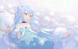 Rule 34 | 1girl, :d, animal, bare shoulders, blue dress, blue eyes, commentary request, copyright request, dress, hair bun, hand up, highres, holding, jellyfish, long hair, off-shoulder dress, off shoulder, open mouth, pleated dress, ritsuki, side bun, silver hair, single hair bun, single side bun, smile, solo, teeth, two side up, upper teeth only, very long hair, virtual youtuber