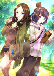 Rule 34 | 2girls, :d, alternate costume, black shorts, blue eyes, blue sky, blush, breasts, brown hair, brown shirt, casual, cleavage, closed mouth, cloud, cloudy sky, commentary request, day, fate/grand order, fate (series), fingernails, forehead, green jacket, grey hoodie, hair bun, hair ornament, hand up, highres, holding, holding pencil, hood, hood down, hoodie, iroha (shiki), jacket, katsushika hokusai (fate), katsushika hokusai (traveling outfit) (fate), leonardo da vinci (fate), long sleeves, looking at viewer, medium breasts, multiple girls, official alternate costume, open clothes, open jacket, open mouth, outdoors, parted bangs, pencil, purple eyes, purple hair, shirt, short shorts, shorts, single hair bun, sky, sleeves past wrists, smile, standing, tree