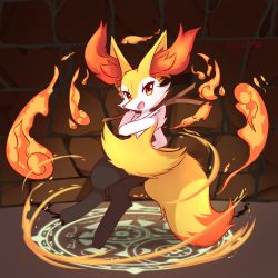 Rule 34 | 1girl, absurdres, animal ear fluff, animal ears, animal feet, animal hands, animal nose, artist name, black fur, body fur, braixen, brick wall, creatures (company), dark, fang, female focus, fire, flat chest, fox ears, fox girl, fox tail, from side, full body, furry, furry female, game freak, gen 6 pokemon, hand up, happy, highres, holding, holding stick, indoors, japanese text, jumping, kryztar, looking at viewer, magic circle, neck fur, nintendo, open mouth, orange eyes, pokemon, pokemon (creature), red eyes, signature, smile, snout, solo, stick, tail, white fur, yellow fur