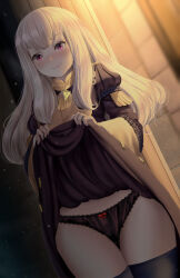 Rule 34 | 1girl, black panties, black thighhighs, blush, bow, bow panties, closed mouth, clothes lift, cowboy shot, dkoro, dress, dress lift, feet out of frame, female focus, fire emblem, fire emblem: three houses, highres, lifted by self, long hair, long sleeves, looking at viewer, lysithea von ordelia, nintendo, paid reward available, panties, pink eyes, smile, solo, standing, thigh gap, thighhighs, thighs, underwear, white hair